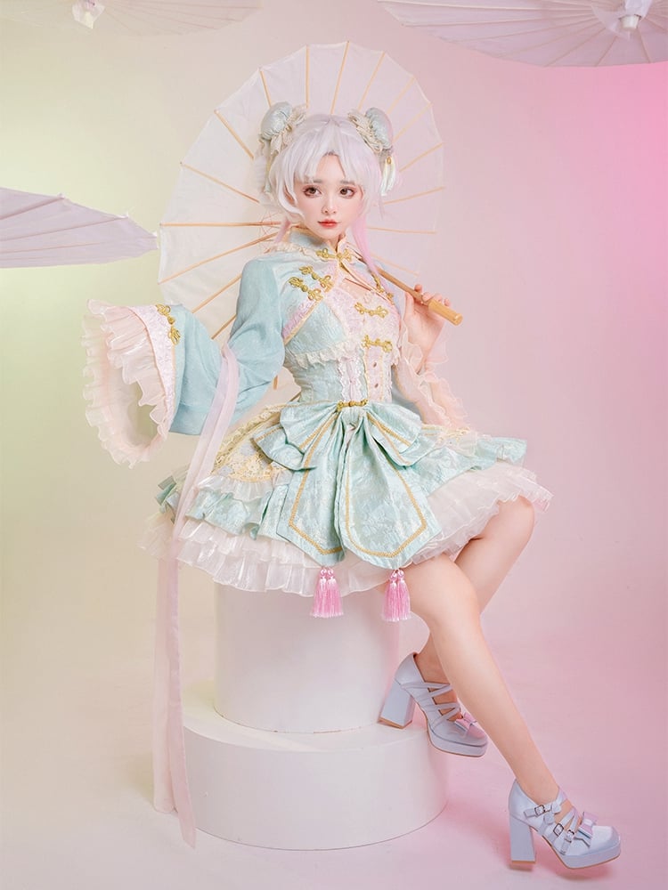 Light Green and Pink Chinoiserie Style Corset Dress Qi Lolita JSK Set