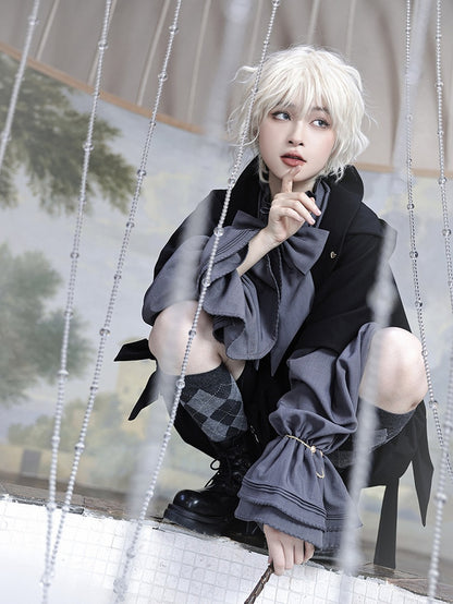 ロリータシャツ グレー 詩人袖 フリル ファッション 王子ネックライン ビショップ