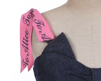 Navy Blue Lace-up Detail Sweet Bow Accents Tiered Skirt Denim Slip Dress