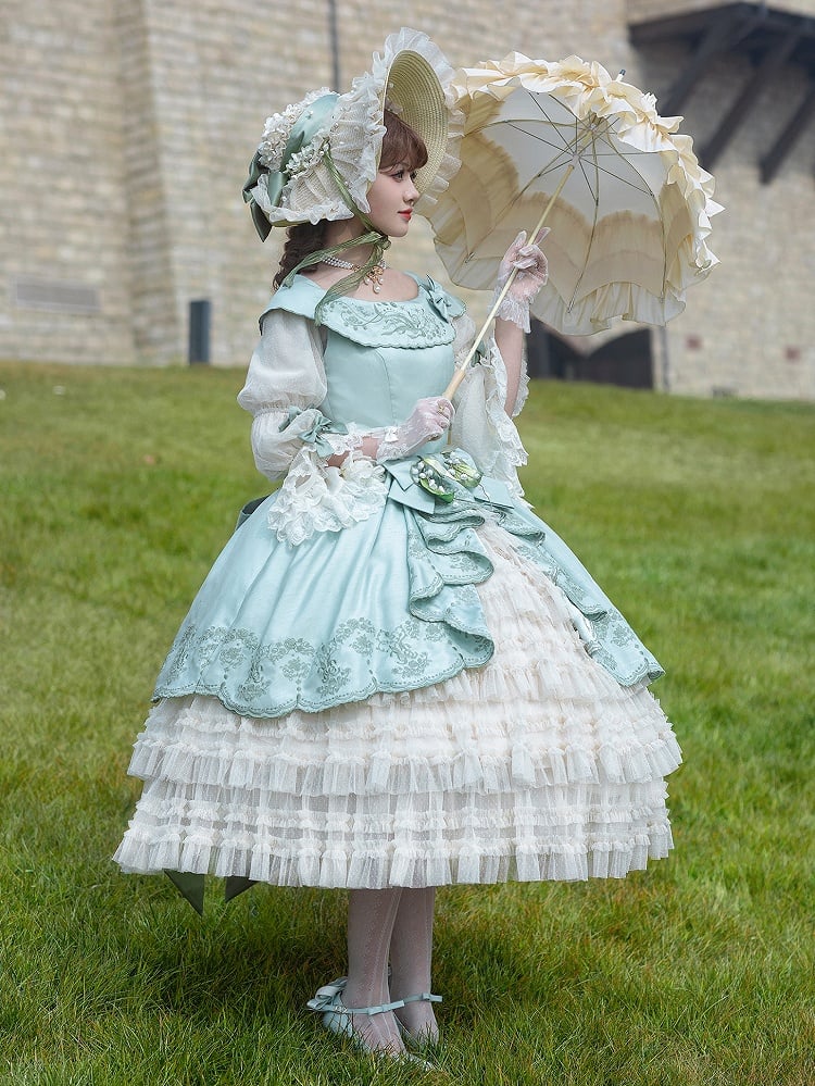 Dress Cascading of Lolita Valley Green Slit Lily Embroidery Light Ruffle Side Classic the with