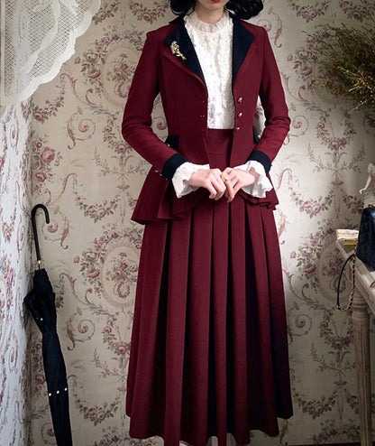プラスサイズ対応 - ワインレッドのプリーツディテールブレザースカートセット