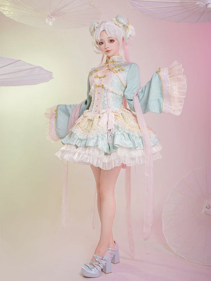 Light Green and Pink Chinoiserie Style Corset Dress Qi Lolita JSK Set