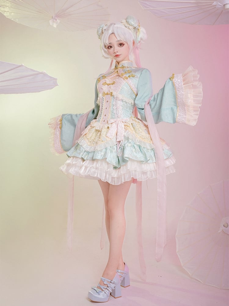Light Green and Pink Qi Lolita Corset-Waist Dress with Large Waist Bow