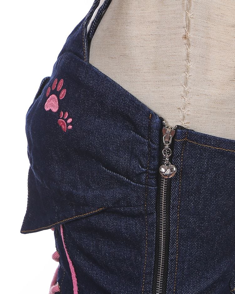 Navy Blue Lace-up Detail Sweet Bow Accents Tiered Skirt Denim Slip Dress