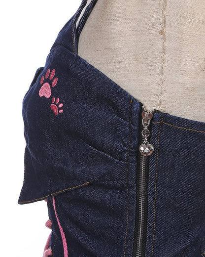 Navy Blue Lace-up Detail Sweet Bow Accents Tiered Skirt Denim Slip Dress