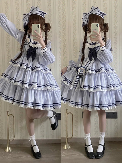 Gestreiftes blaues Sommerkleid mit abnehmbarem Ärmel-Lolita-Kragen, kurzes Matrosenkleid