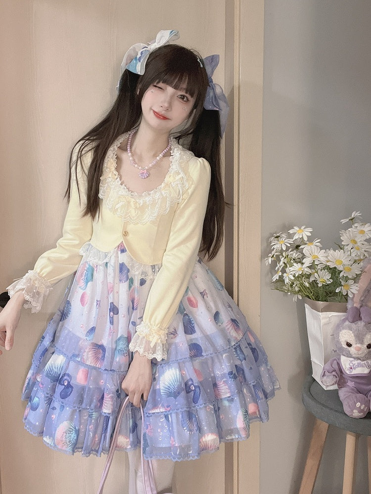 Light with Lace Edging Yellow Cropped Cardigan Triple Bow-Detailed Design