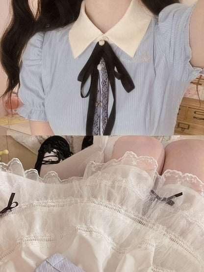 Hemd Puffärmel Blau Süß Gestreift