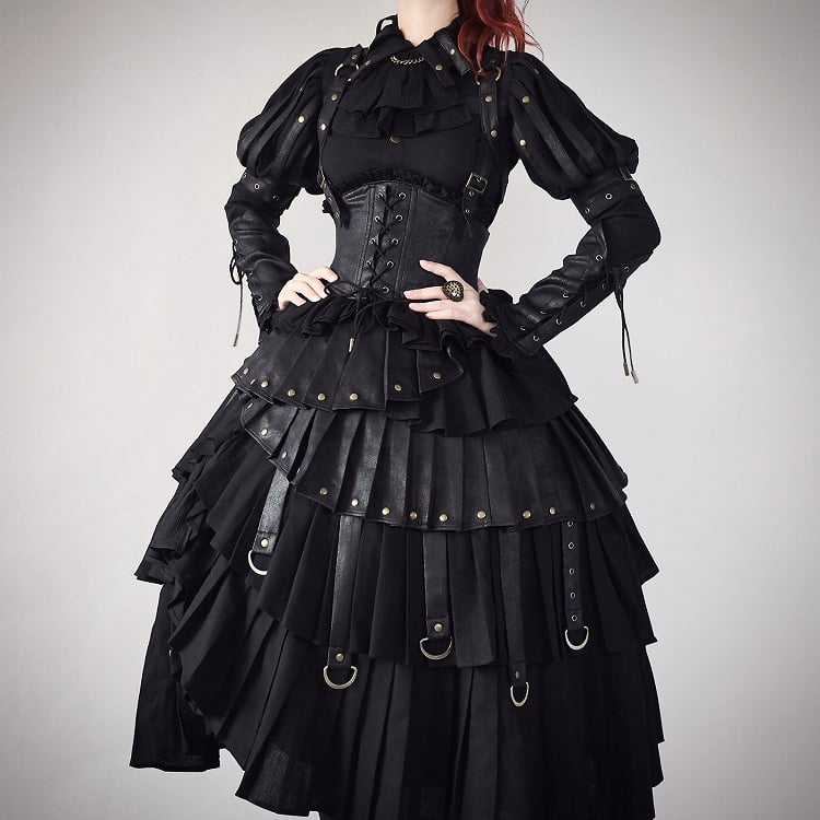 Black Gothic Lolita Shirt, Juliette Sleeves Steampunk Top, Plus Size - FOXTROT
