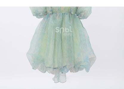 Grünes Kleid mit kurzen/langen Ärmeln und kurzer Schleife und süßer abnehmbarer Version, groß