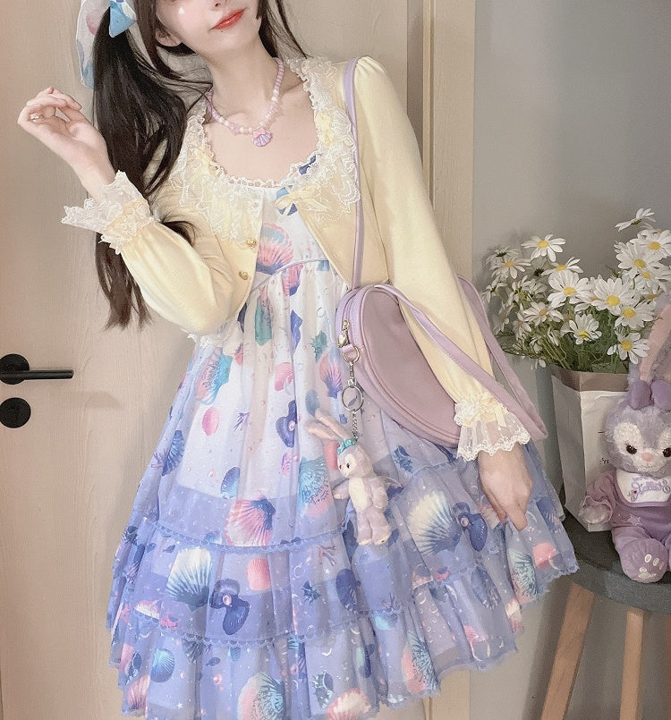 Light with Lace Edging Yellow Cropped Cardigan Triple Bow-Detailed Design