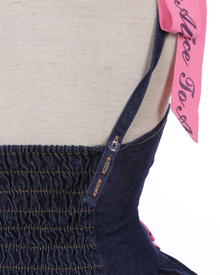 Navy Blue Lace-up Detail Sweet Bow Accents Tiered Skirt Denim Slip Dress