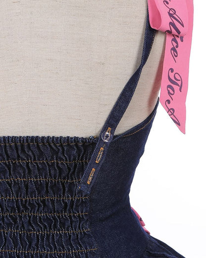 Navy Blue Lace-up Detail Sweet Bow Accents Tiered Skirt Denim Slip Dress