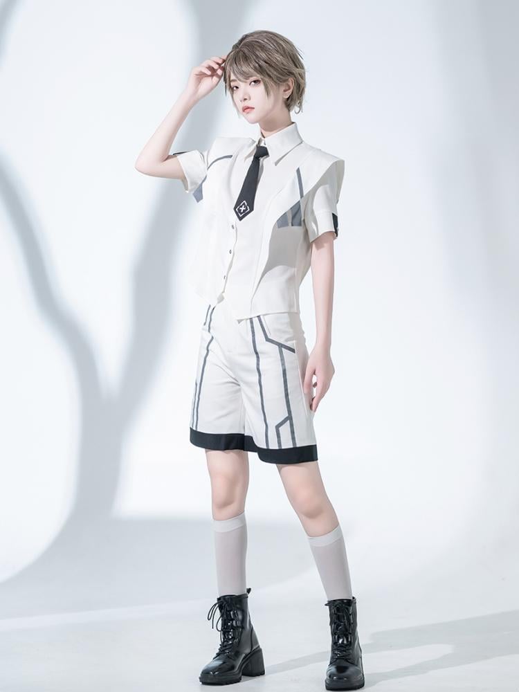 Cyberpunk-Hemd mit weiten Schultern und Krawatte mit Kreuzstickerei