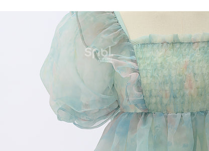 Grünes Kleid mit kurzen/langen Ärmeln und kurzer Schleife und süßer abnehmbarer Version, groß