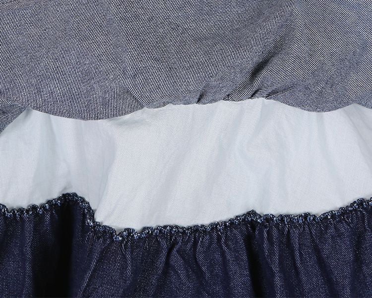 Navy Blue Lace-up Detail Sweet Bow Accents Tiered Skirt Denim Slip Dress