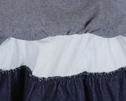 Navy Blue Lace-up Detail Sweet Bow Accents Tiered Skirt Denim Slip Dress