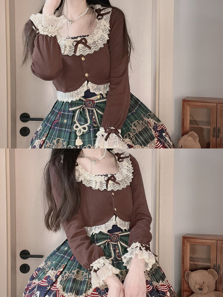 mit Ärmelakzenten, zarter Spitzen-Cardigan und kaffeefarbener Schleife, gemütlicher langer Besatz