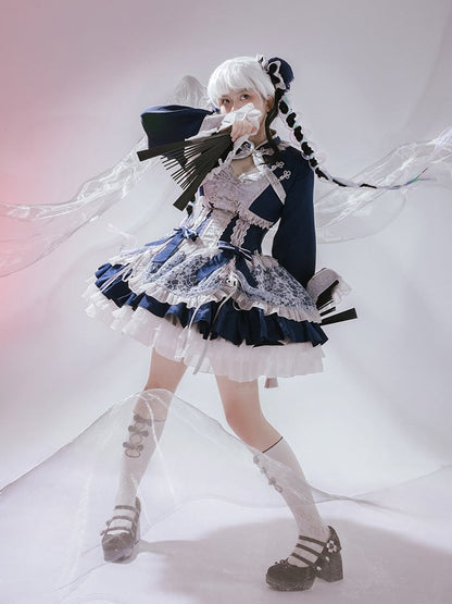 Dark Blue Corset Waist Qi Lolita Dress with Big Bow