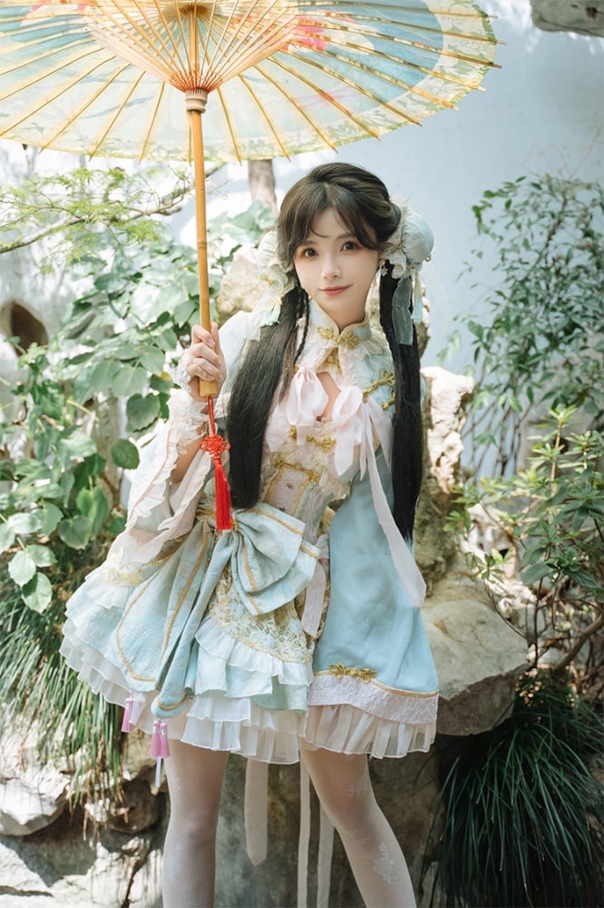 Light Green and Pink Chinoiserie Style Corset Dress Qi Lolita JSK Set