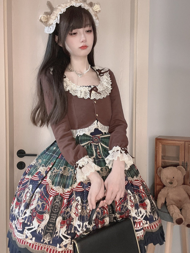 mit Ärmelakzenten, zarter Spitzen-Cardigan und kaffeefarbener Schleife, gemütlicher langer Besatz