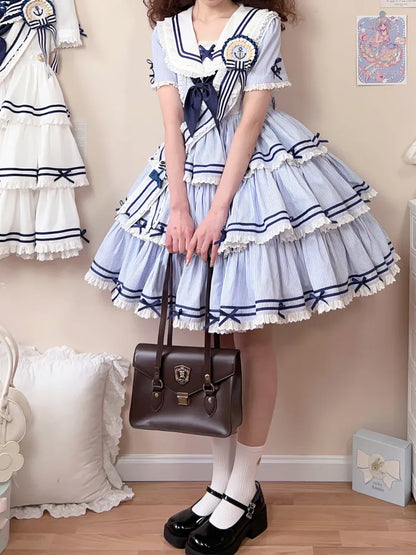 Gestreiftes blaues Sommerkleid mit abnehmbarem Ärmel-Lolita-Kragen, kurzes Matrosenkleid