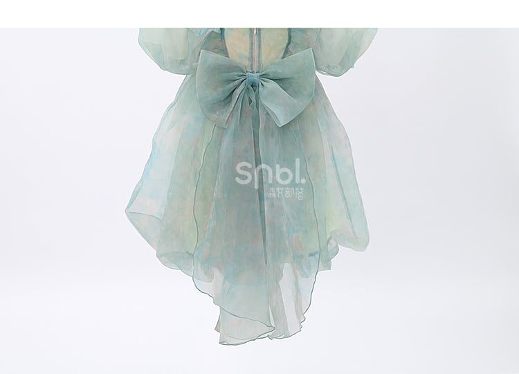 Grünes Kleid mit kurzen/langen Ärmeln und kurzer Schleife und süßer abnehmbarer Version, groß