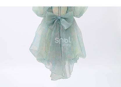 Grünes Kleid mit kurzen/langen Ärmeln und kurzer Schleife und süßer abnehmbarer Version, groß