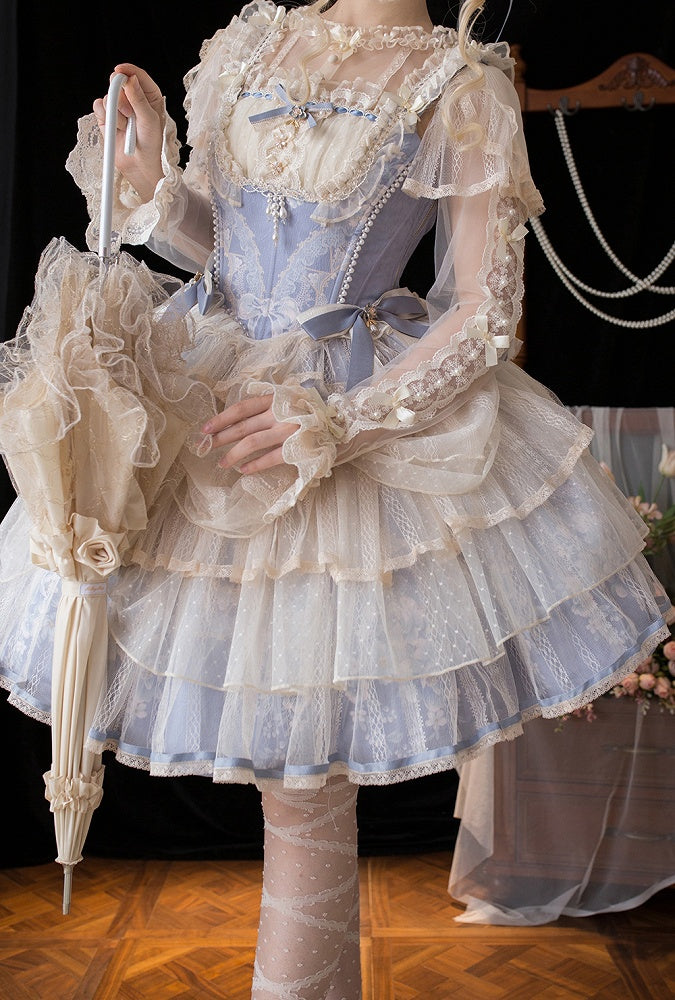Skirt Corset Blue Boned Balletcore + Print Top Floral Lolita Princess