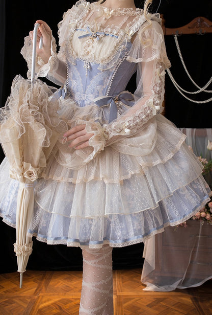 Skirt Corset Blue Boned Balletcore + Print Top Floral Lolita Princess
