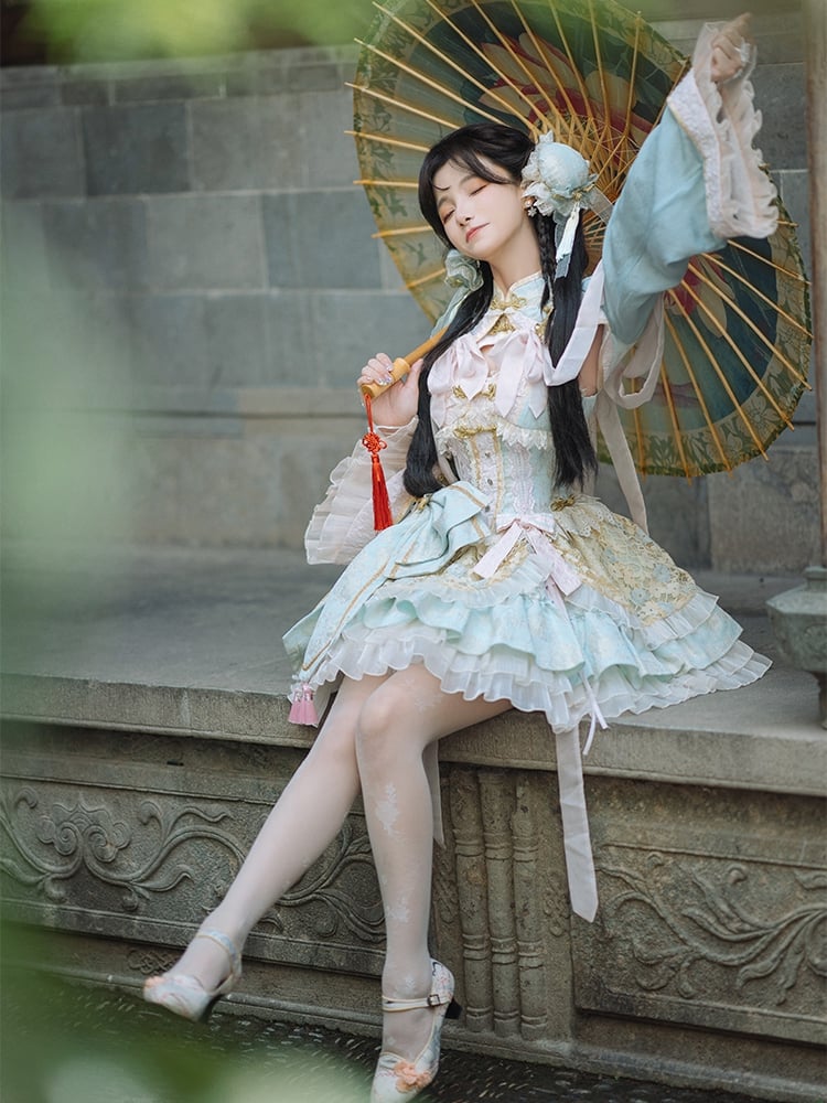 Light Green and Pink Chinoiserie Style Corset Dress Qi Lolita JSK Set