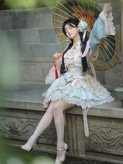 Light Green and Pink Chinoiserie Style Corset Dress Qi Lolita JSK Set