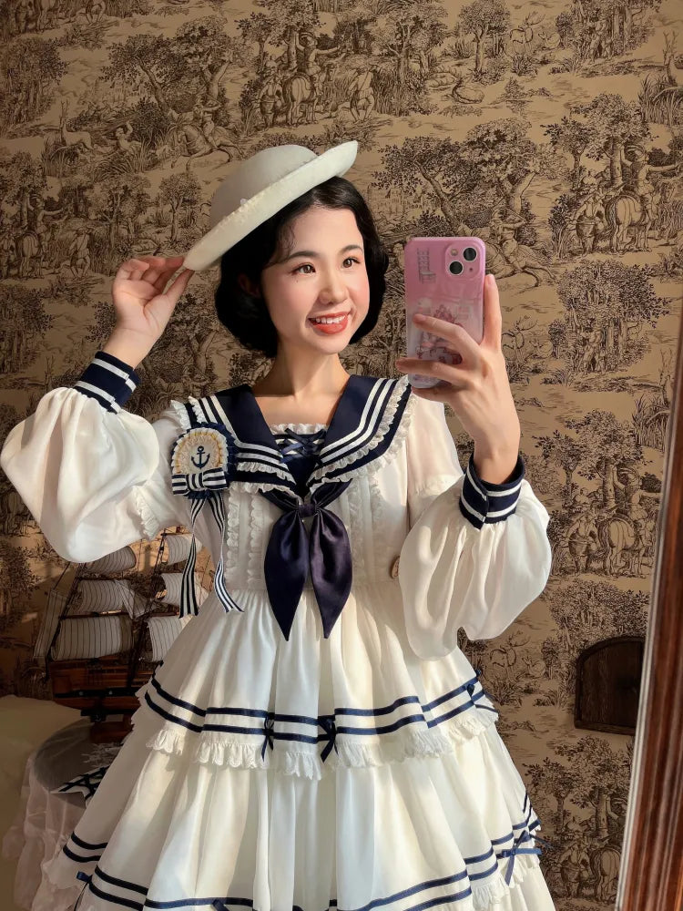 Ärmel Matrosenkragen Weiß mit Sommerkleid Kurz Abnehmbar Lolita