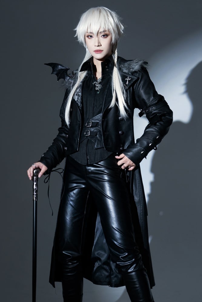 ドラゴンズブレス ブラックフェイクファーカラー PUレザートレンチコート