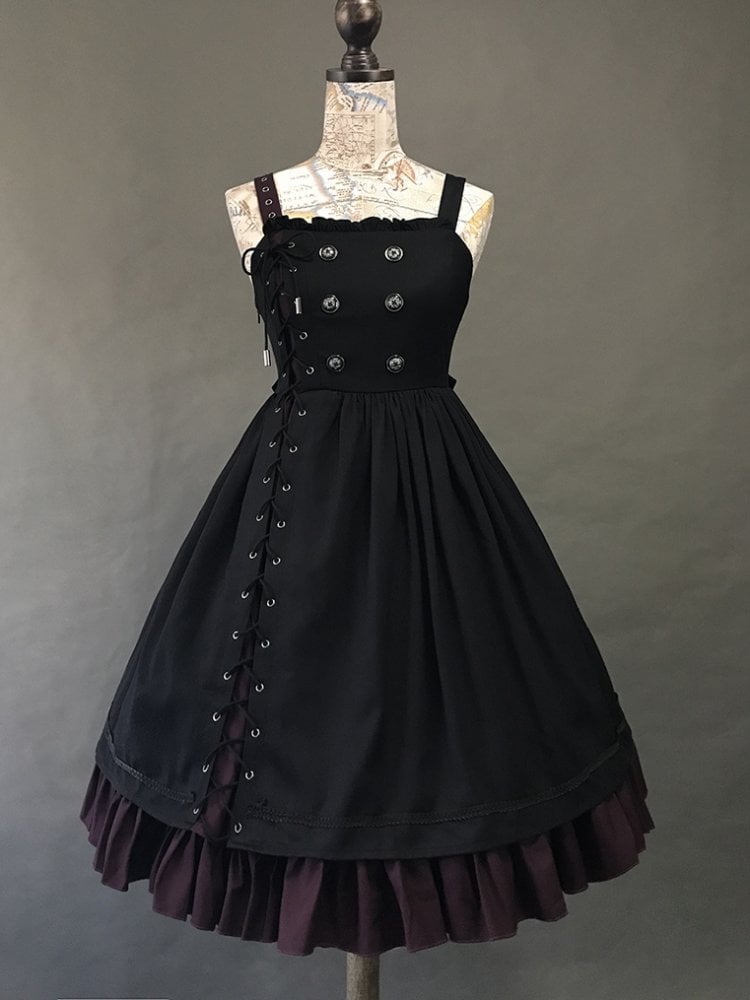 ブラック×レッドのアシンメトリーデザインサイドレースアップジャンパースカート