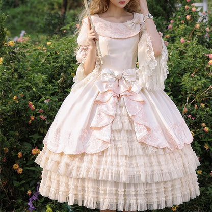 the Pink Lolita Embroidery Beige Classic with Elegant Valley of Lily Dress