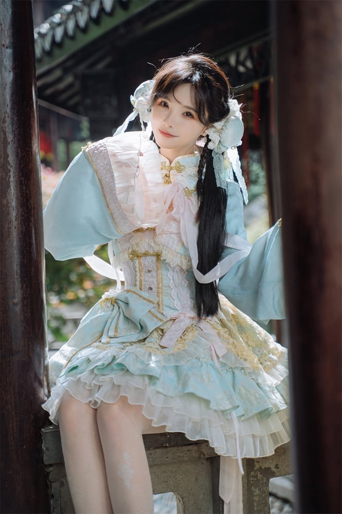 Light Green and Pink Chinoiserie Style Corset Dress Qi Lolita JSK Set