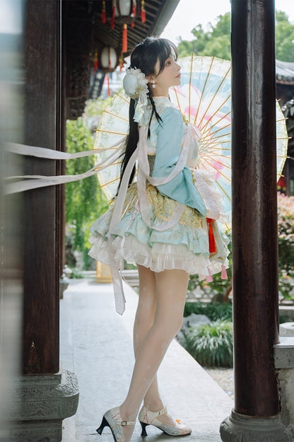 Light Green and Pink Chinoiserie Style Corset Dress Qi Lolita JSK Set