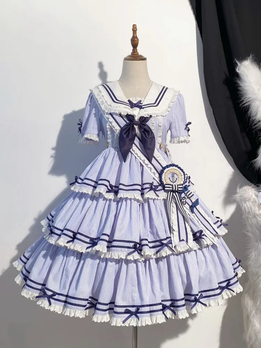 Striped Blue with Sleeves Detachable Lolita Collar Summer Dress Short Sailor