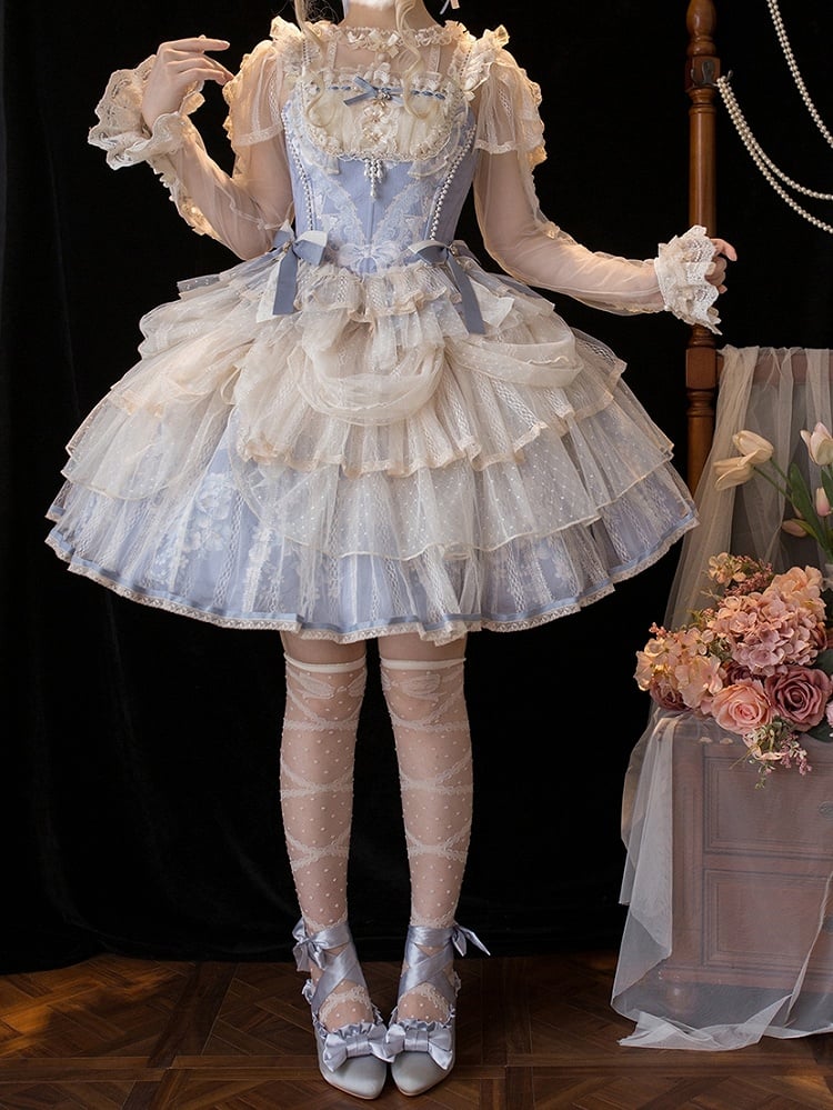 Skirt Corset Blue Boned Balletcore + Print Top Floral Lolita Princess