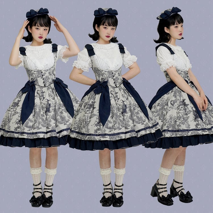 Bust Dark Bowknot Blue Straps Basque Skirt Waist Jumper Lolita Under Shoulder