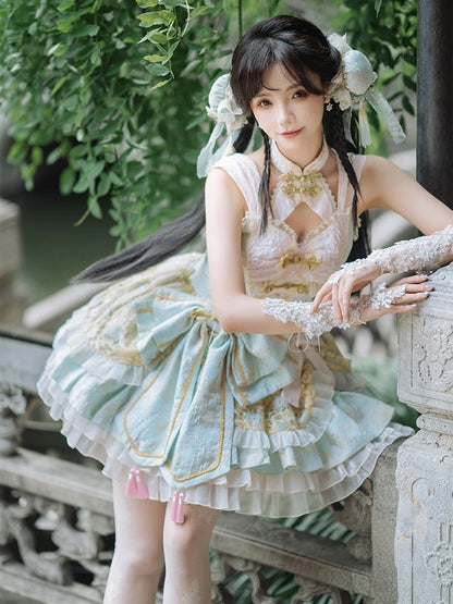 Light Green and Pink Chinoiserie Style Corset Dress Qi Lolita JSK Set