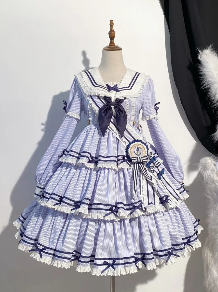 Sailor Striped OP Set Rock Sommer Full Lolita Muster Kleid Blau Tiered