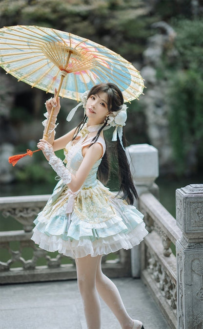 Light Green and Pink Chinoiserie Style Corset Dress Qi Lolita JSK Set
