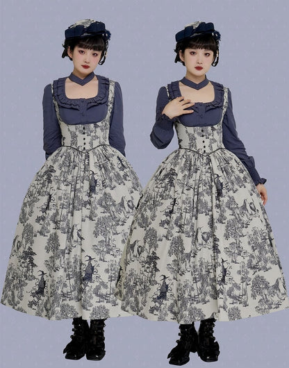 Wood Blue Skirt Dark White Bust Lolita Animals Boned Jumper Print and Basque Waist Under