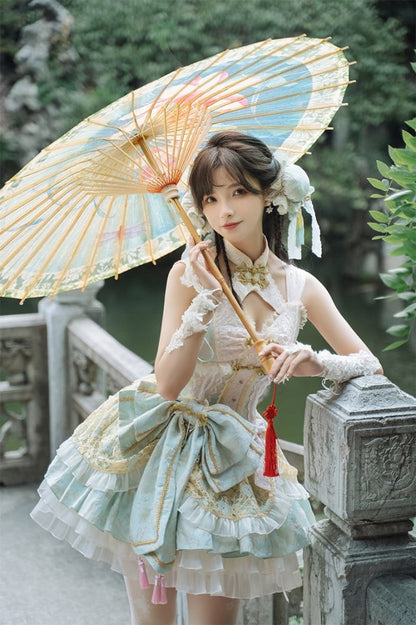 Light Green and Pink Chinoiserie Style Corset Dress Qi Lolita JSK Set