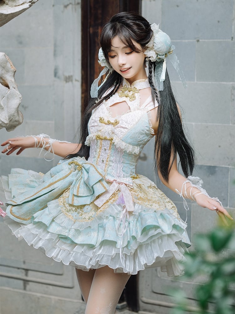 Light Green and Pink Chinoiserie Style Corset Dress Qi Lolita JSK Set