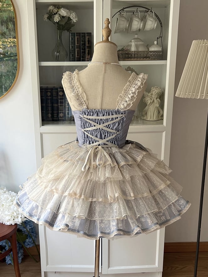 Skirt Corset Blue Boned Balletcore + Print Top Floral Lolita Princess