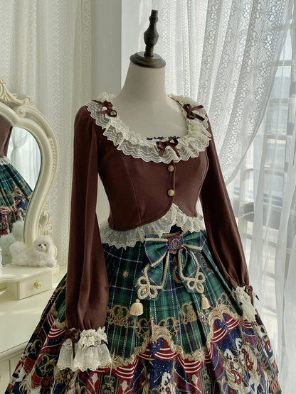 mit Ärmelakzenten, zarter Spitzen-Cardigan und kaffeefarbener Schleife, gemütlicher langer Besatz