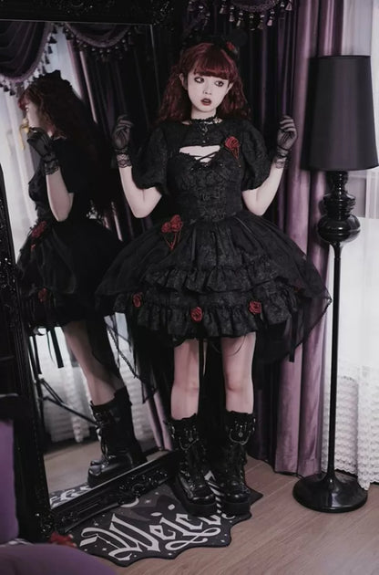 Waist 59-76CM Clearance-Size Lolita Bleeding Black S Rose for Skirt Gothic